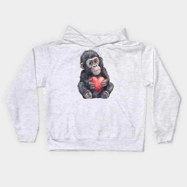 Valentine Mountain Gorilla Holding Heart Kids Hoodie by Chromatic Fusion Studio